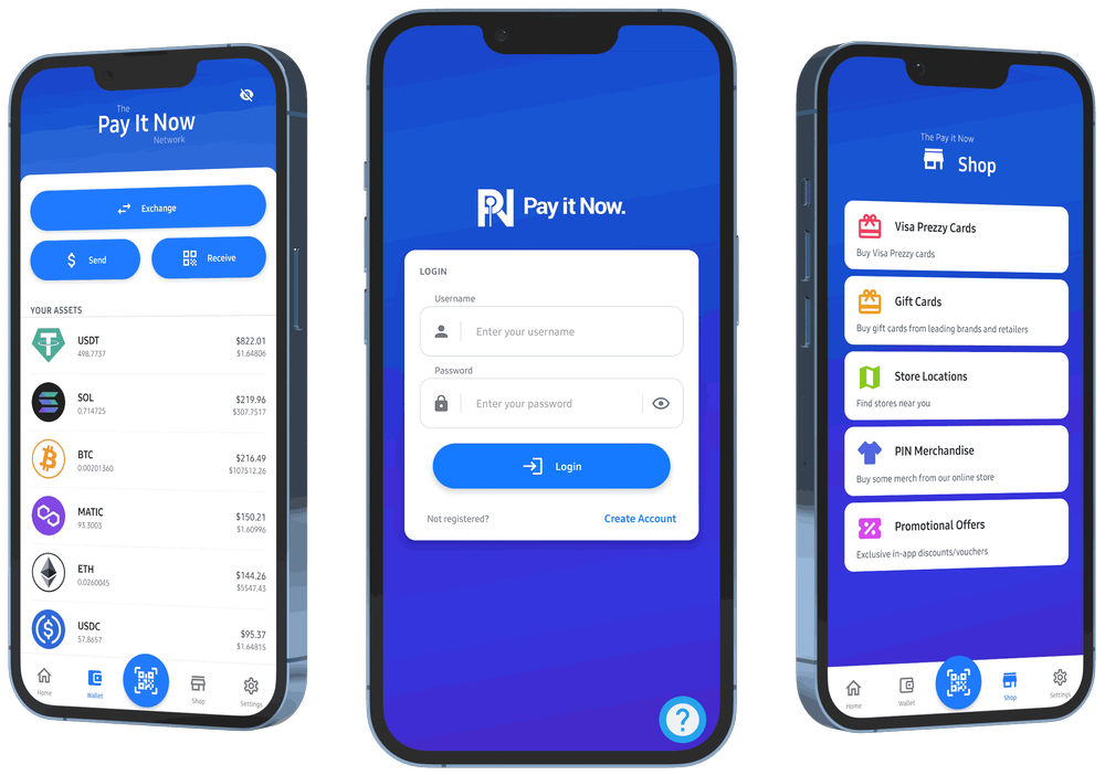 Three phones showing the Pay It Now wallet, login, and shop screens